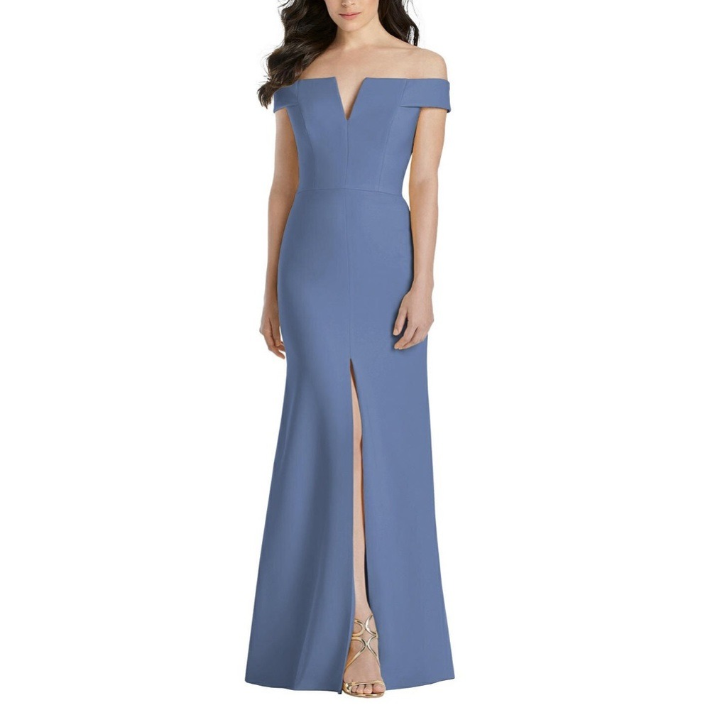 Dessy Collection Off The Shoulder Notch Trumpet Gown Front Slit Larkspur Size 12